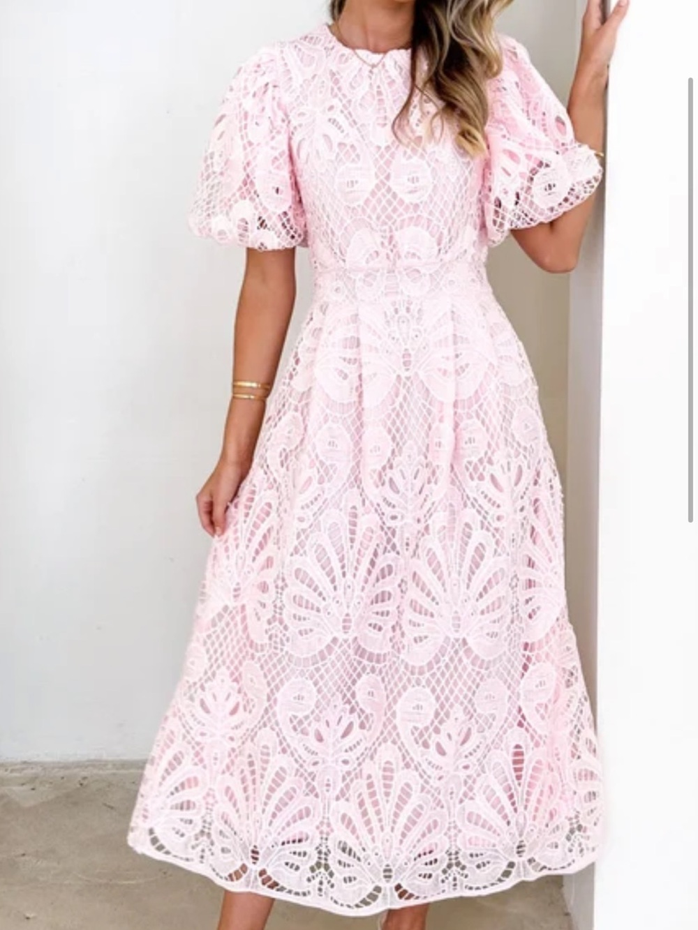 Elegant Pink Lace Midi Dress - Gingham & Heels